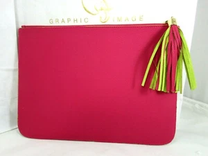 GI New York Uber Leather Clutch NEW w Tassel 9x13 Pink w Green - Picture 1 of 8