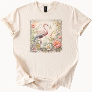 T-Shirt Flamingo und Blumen Grafik Pastell Vogel Natur Kunst Tee Shirt - Bild 1 von 6