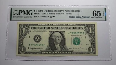 $1 1995 Radar Serial Number Federal Reserve Currency Bank Note Bill PMG UNC65EPQ - Image 1 of 3