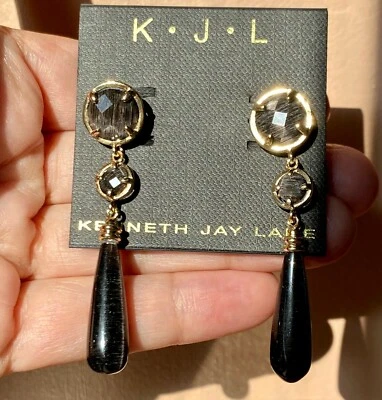 Pendientes colgantes Kenneth Jay Lane KJL imitación negro ojo de gato resina chapados en oro 22K Foto 1 de 4