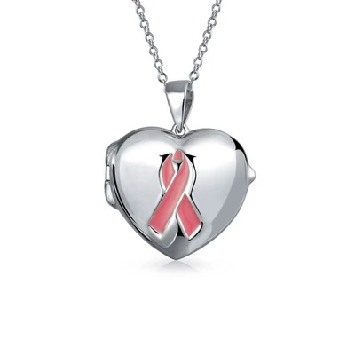 Collar medallón corazón recuerdo con cinta rosa para concientización sobre el cáncer de mama Foto 1 de 4
