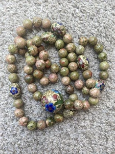 Vintage Beaded Unakite Champleve Cloisonné Necklace Enamel Floral Chinese - Picture 1 of 6