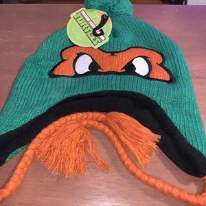 NEW TNMT Teenage Mutant Ninja Turtles MICHELANGELO KNIT laplander BEANIE w/pom - Picture 1 of 3