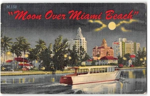 "MOON OVER MIAMI BEACH" Florida Boat Hotels Night 1957 Linen Vintage Postcard - Picture 1 of 2