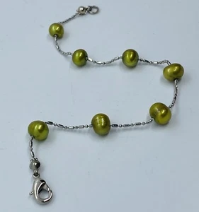 Vintage Mid Century Modern Exotic Green Cerclée Baroque Pearl Chain Bracelet - Picture 1 of 5