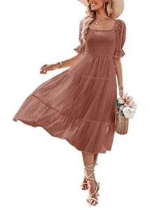 Women's Square Neck Puff Sleeve Boho Midi Dress Swiss Dot Ruffle Flowy Dress xl - Picture 1 of 6