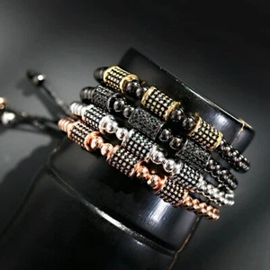 Luxury Black CZ Paved Cylinder Bead Stainless Steel Wrist Cuff Men's Bracelets - Picture 1 of 40