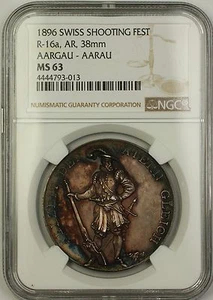 1896 Aargau-Aarau Switzerland Silver Swiss Shooting Fest Medal R-16a NGC MS-63 - Picture 1 of 2