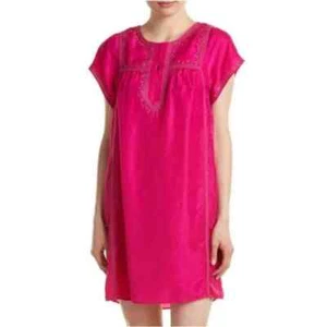 Calypso St. Barth Solid Pink Silk Short Sleeve Embroidered Shift Dress Size M - Picture 1 of 11