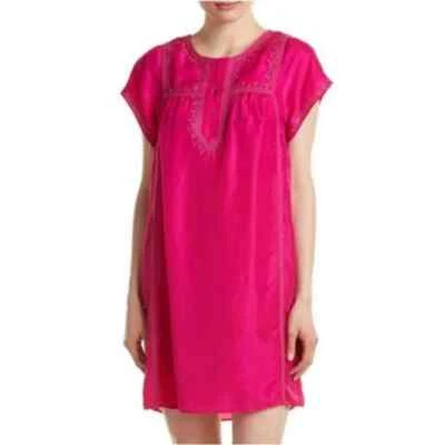 Calypso St. Barth Solid Pink Silk Short Sleeve Embroidered Shift Dress Size M - Image 1 of 4
