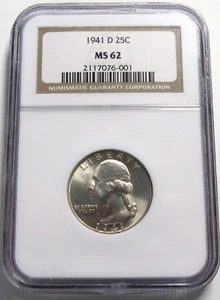 1941 D 90% Silver Washington Quarter Dollar NGC MS-62 This Exact Slab/ Cert # - Picture 1 of 9