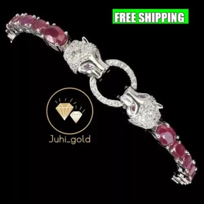 Brazalete Tenis Pantera Bolo Rubí Simulado Ovalado 6Ct Chapado en Oro Blanco 14K Foto 1 de 4