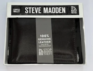 CARTERA PLEGABLE DE CUERO MARRÓN DELGADA STEVE MADDEN PARA HOMBRE EN CAJA DE REGALO RFID - Imagen 1 de 4