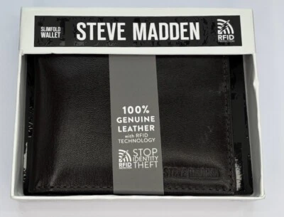 STEVE MADDEN MENS BROWN SLIMFOLD LEATHER BIFOLD  WALLET IN GIFT BOX RFID - Image 1 of 4