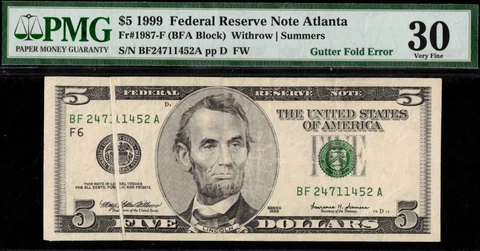 1999 $5.00 FRN "GUTTER FOLD" P.M.G #30 Cover