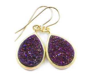 Druzy Earrings Purple Titanium AAA Bezel Brushed Matte Vermeil 14k Gold  Drusy - Picture 1 of 2