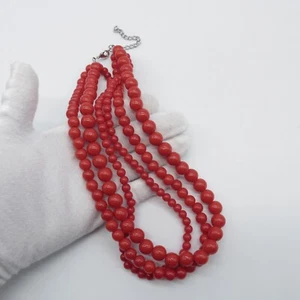 Red Bead Multi Strands Necklace 17"to19" Boho Vibrant Fun Statement Necklace - Picture 1 of 13