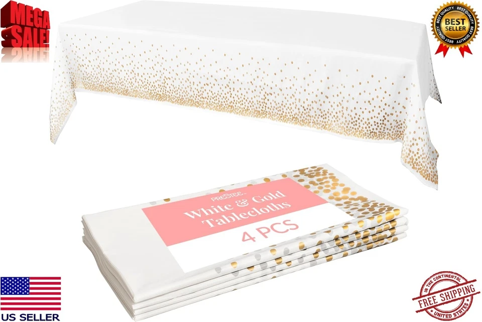 White and Gold Tablecloths, 4pk, 54x108 Inches - Party Table Cloths Disposable - - Image 1 of 4