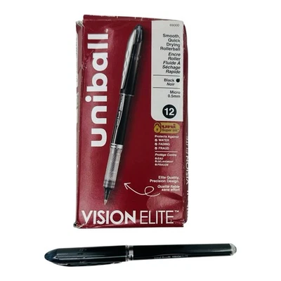 12 Pens Uniball Vision Elite Black Ink Rollerball Pen Micro 0.5mm Point - Image 1 of 4