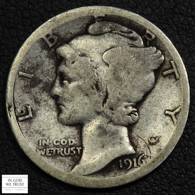 1916 D Mercury Silver Dime 10C CH VG+ Details - Damage - Image 1 of 2