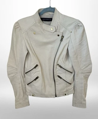 Jaqueta de Moto Zara Feminina Tamanho Pequeno 100% Couro de Cordeiro Creme Suavemente Usada!  Falhas. - Imagem 1 de 4