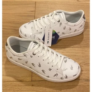 Lacoste Carnaby EVO All Over Print White Silver Sneakers Tennis Shoes Size 4.5 - Picture 1 of 15