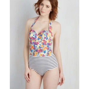 NWT ModCloth Grotto Glam One-Piece Mixed Print Floral Striped Swimsuit Medium - Picture 1 of 8