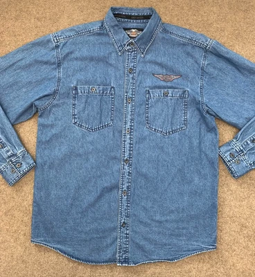 Harley-Davidson Shirt Mens L Denim Long Sleeve Spellout Button Down Motorcycles - Image 1 of 4