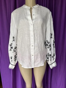 ELIE TAHARI White/Black Embroidered L/S Linen Tab-Collar Top Size S NWT $225 - Picture 1 of 11