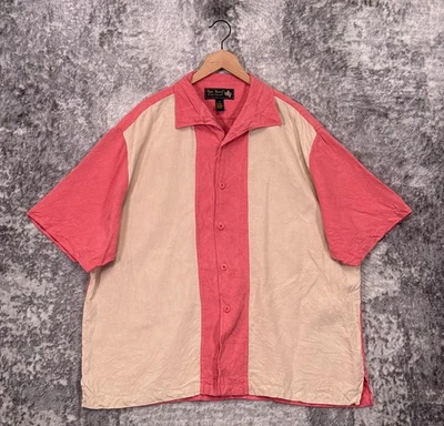 Nat Nast Shirt XL Mens Silk Bowling Camp Collar Pink Color Block - Image 1 of 4