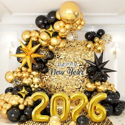 Kit Arco Guirnalda Globo Año Nuevo 2026, Globos Negros y Dorados con Explosión... Foto 1 de 4