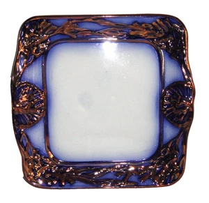Placa antigua de brillo de cobre azul flujo ~ cuadrada concha/algas marinas ~ Staffordshire - Imagen 1 de 11
