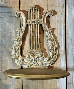 Vintage Syroco Gold Gilt Wood Composite Lyre Harp Wall Shelf, Hollywood Regency - Picture 1 of 10