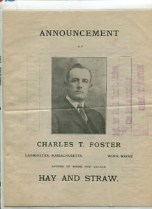 Vintage Letterhead Advert CHARLES FOSTER HAY & STRAW Leominster MA Wynn ME 1913 - Picture 1 of 2