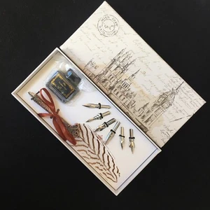 Dip Pen Real Feather Quill Calligraphy Antique Dip Pen 6 pcs Nibs W Ink H-96 - Picture 1 of 10