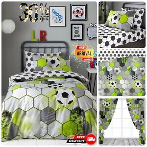 Kids FOOTBALL STAMP BEDDING FITTED SHEET OR CURTAINS Reversible DUVET COVER SET