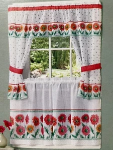 Red Orange Daisy Flower Floral Kitchen Window Tier Valance Curtain Set 24" Decor - Picture 1 of 3