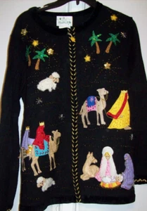 Quacker Factory Christmas Cardigan- Beading- Sequins- Applique- Nativity- sz LG - Picture 1 of 2