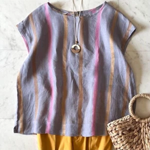 ICHI Antiquites Linen Striped Blouse pullover Sleeveless Gray MINT cond - Imagen 1 de 8
