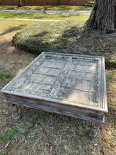 Eclectic Rustic Farmhouse Chai Table, Antique Door Whitewash Coffee Table, 45x42