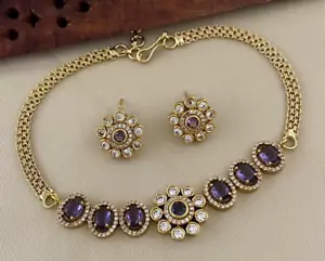 Gold Plated Bollywood Indian Style CZ Choker Necklace Earring Blue Jewelry Set - Imagen 1 de 7