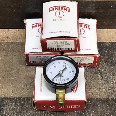Winters Pneumatic Gauge PEM1320R1 0-100PSI 1.5” 1/8” NPT Bottom Mount Z0887 (4) - Image 1 of 4