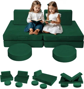 8-Piece Modular Kids Play Couch – Green Convertible Foam Toddler Sofa for Playro - Picture 1 of 8