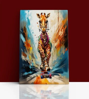 ILLUSTRATION OF GIRAFFE ON  SKATEBOARD WATERCOLOR Abstract Canvas Wall Art Print - Image 1 of 2