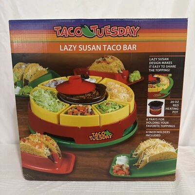 Taco Tuesday Lazy Susan Taco Bar 20oz Heating Pot Taco Holders Topping Trays NEW - Image 1 of 4