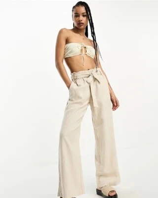 Pantalones H By Halston Beige 100% Lino Pierna Ancha Lazo Cinturón Talla Mediana Bolsillos Nuevos sin Etiquetas Foto 1 de 4