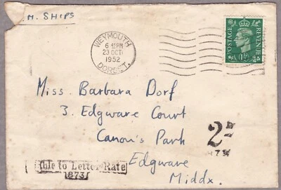 1952 KGVI COVER TO EDGWARE BOXED LIABLE TO LETTER RATE & 2D/873 WEYMOUTH MARK - Image 1 of 2