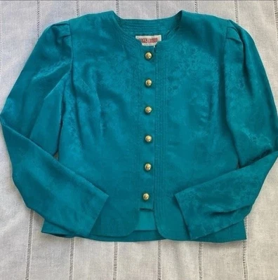 Blazer Maggie London años 80 seda con botones dorados en turquesa profundo. Foto 1 de 4