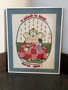 Vintage Cross Stitch Needlepoint A Stitch In Time Saves Nine Wall Hanging - Picture 1 of 9