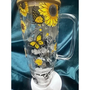 Skeletons And Sunflowers 40 oz Glass cup with Handle and Bamboo lid - Picture 1 of 5